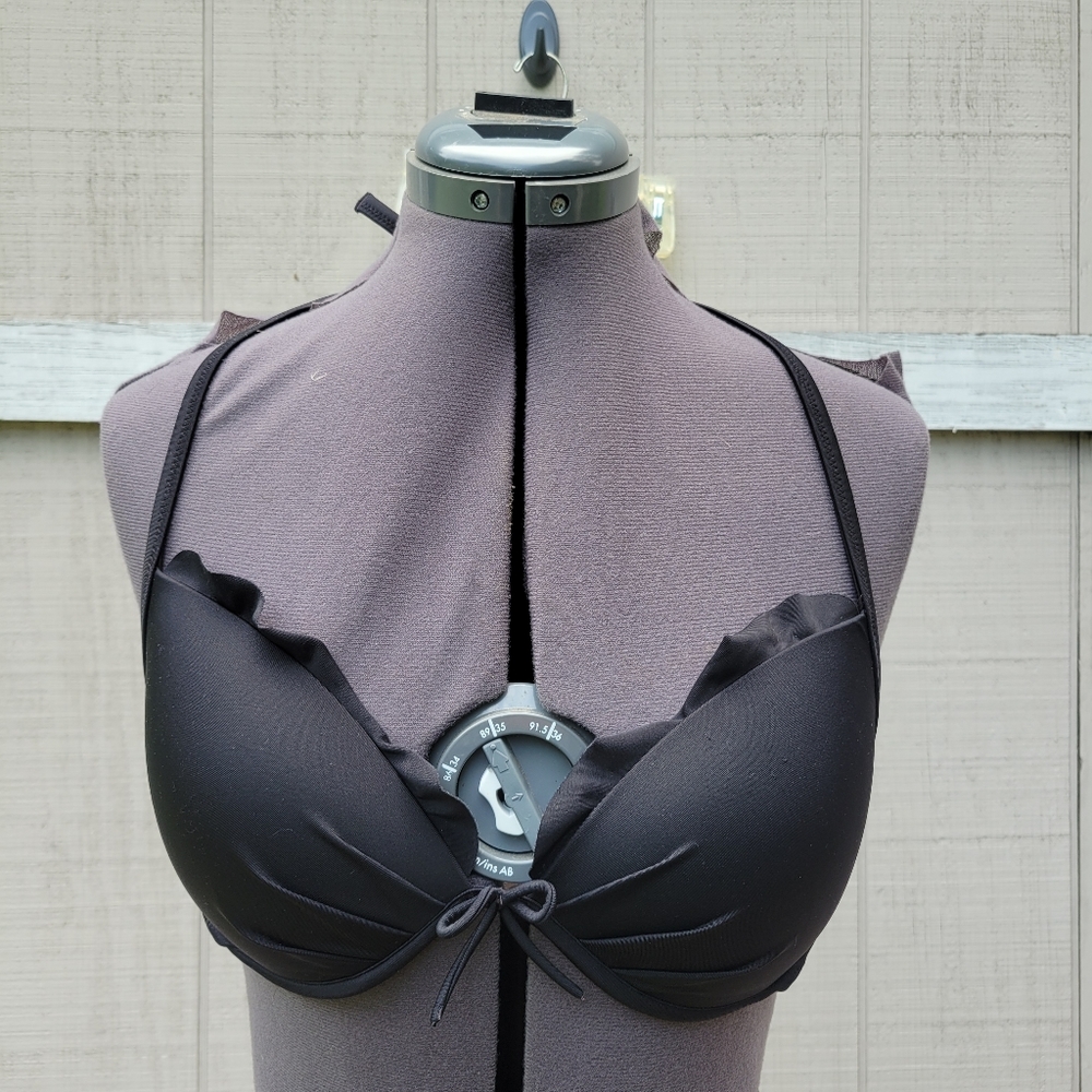 Victoria's Secret Black Scallop Ruffle Padded Support Halter Tie Bikini Top 34D